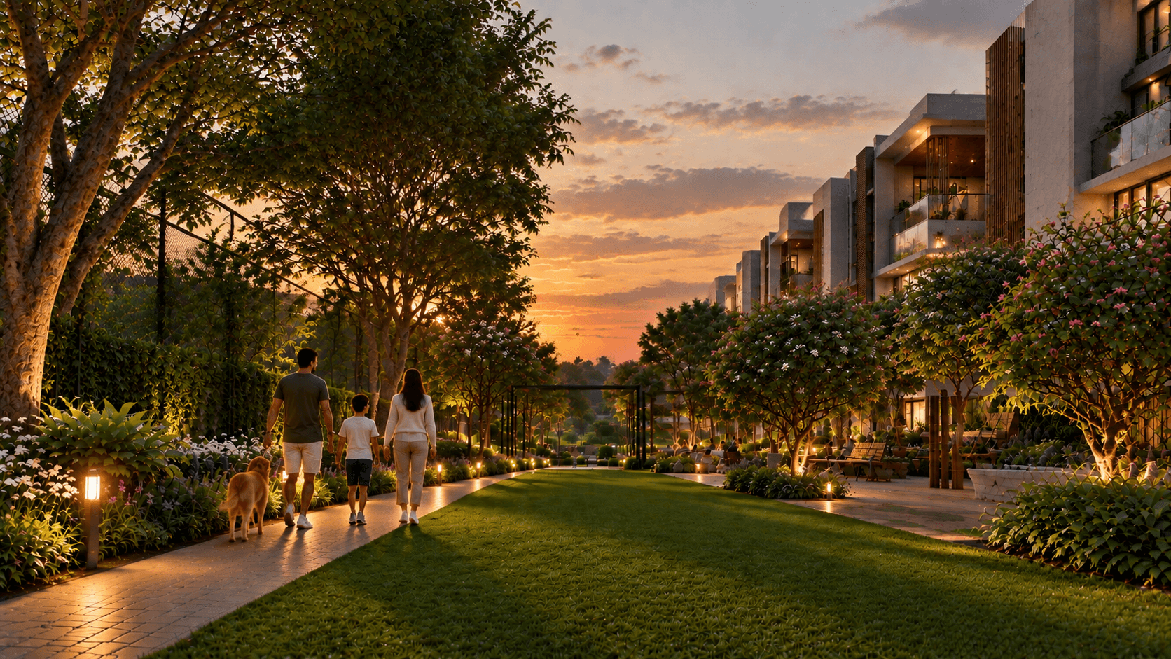 Evening walks through landscaped greens
